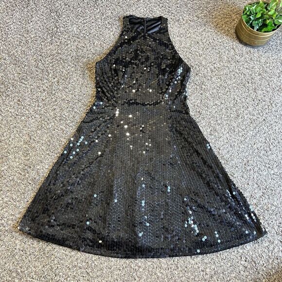 VTG ADRIANNA PAPELL Evening Dress Black Sequins High Neck Sleeveless Flapper 10 - Picture 1 of 6